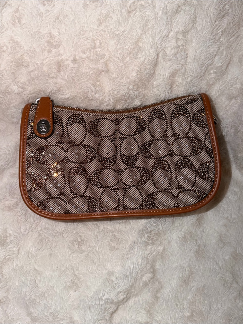 Coach Brown Signature Canvas Wristlet with Tan Leather Trim